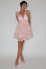 Spring Bloom Tied Shoulder Embellished Mini Dress Pink