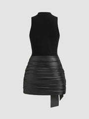High Neck Ruched Knotted Mini Dress