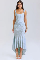 Livette - Sky Blue Floral Pattern Midi Dress